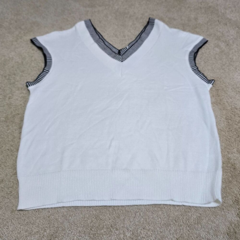 V-Neck Sweater Sleeveless Women’s Medium White Black Trim Pullover